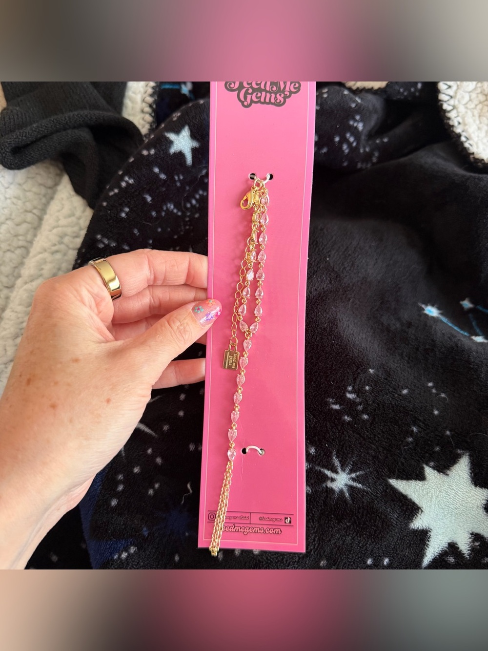 Feed me gems pink rhinestone hand chain